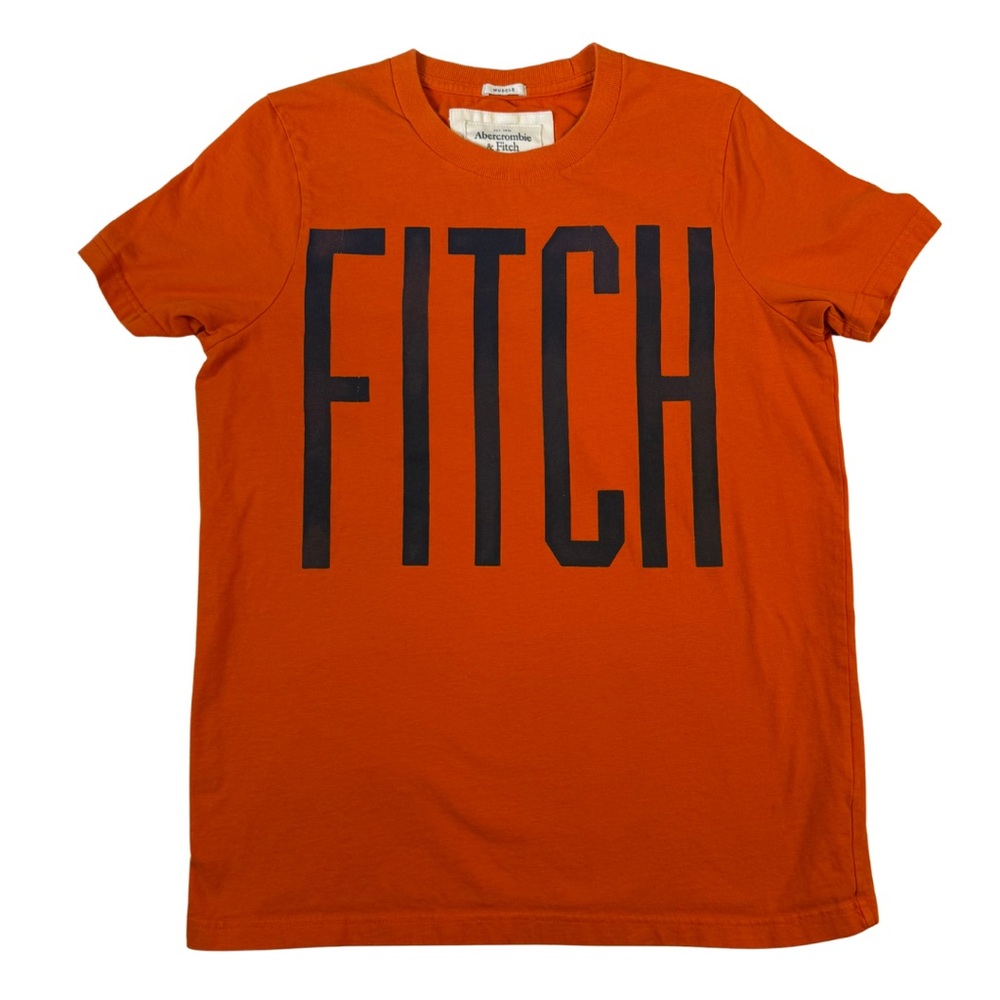Abercrombie and Fitch Men's Orange and Navy Fitch Logo Cotton Muscle Tee - Large